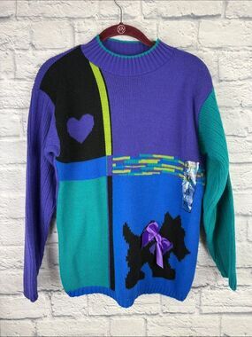 Vintage Basic Editions Colorblock Heart & Scottie Knit Sweater NWT Girls XL